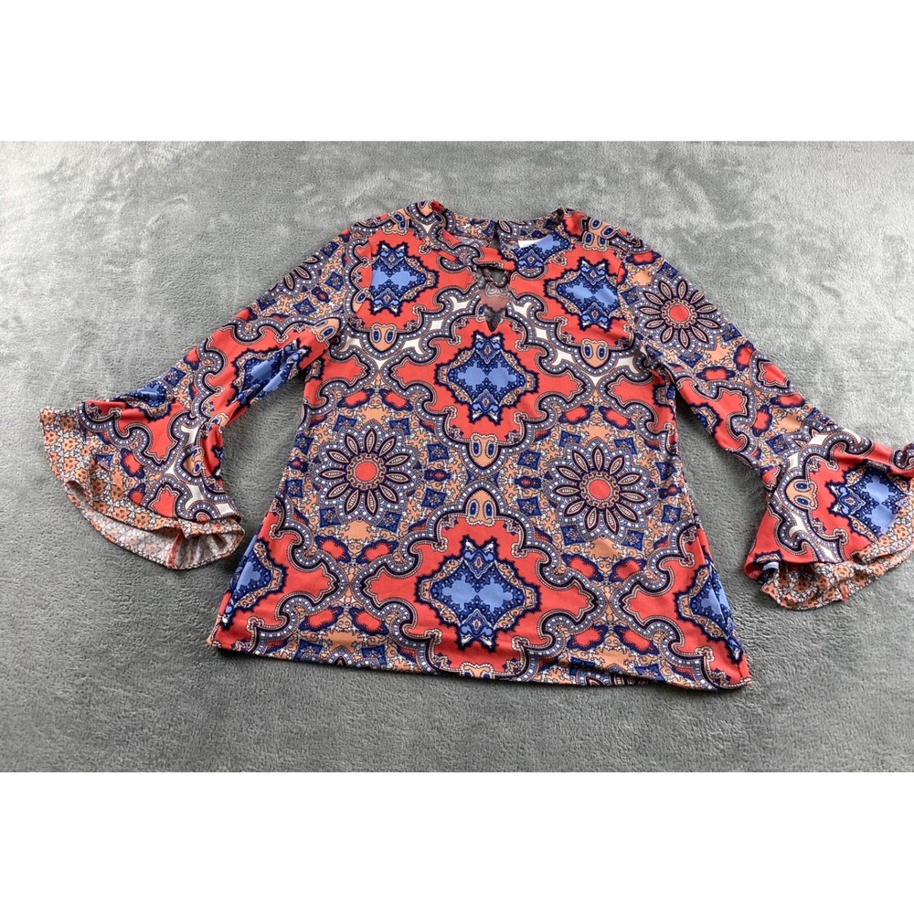 Charter Club Womens Medallion Paisley Bell Sleeve Keyhole Blouse Coral Blue M